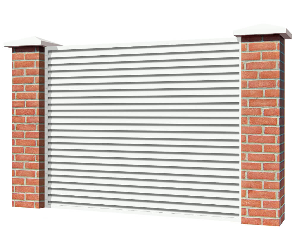 Секция забора жалюзи из ламелей Жалюзи ЭКО-Z RAL9003 Белый с кирпичными столбами